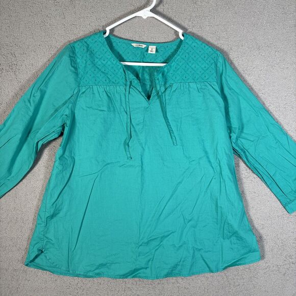 L.L. Bean Tops - LL Bean Top Women’s Size M Teal Eyelet Chest Tie Neck‎ 3/4 Sleeve Blouse Shirt